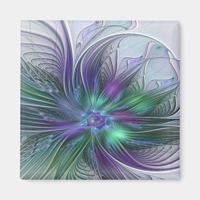 Imán Flor Abstracta Moderna Fractal Verde Púrpura (Frente)