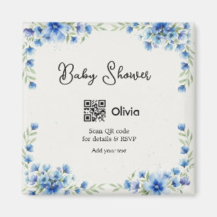 Imán flor de acuarela azul baby shower escanear código