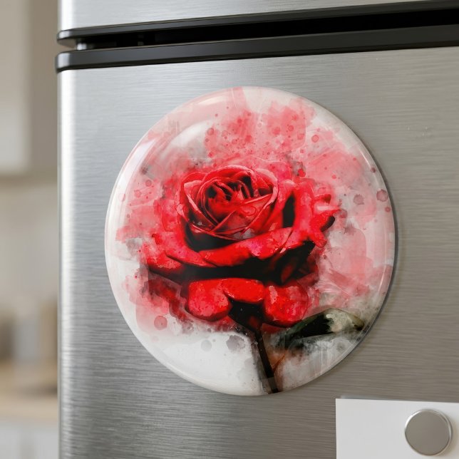 Imán Flor de rosa roja acuarela - wb (Red Rose Watercolor Art on White Background. Magnet)