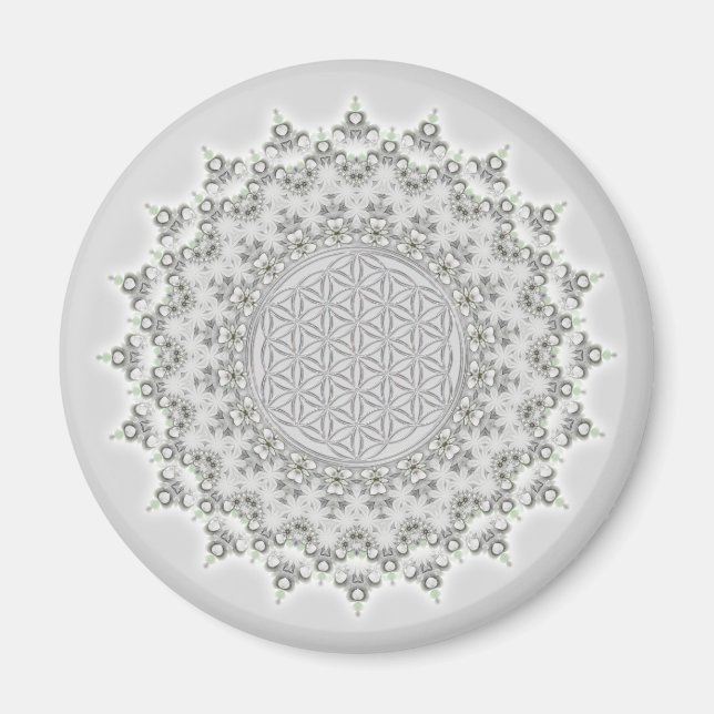 Imán Flor de vida - Fractal Mandala gris verde (Frente)