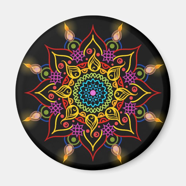 Imán Flor Diwali Rangoli con lámparas de aceite (Frente)