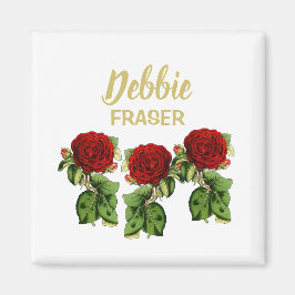 Imán Flor roja y hojas verdes nombre personalizado