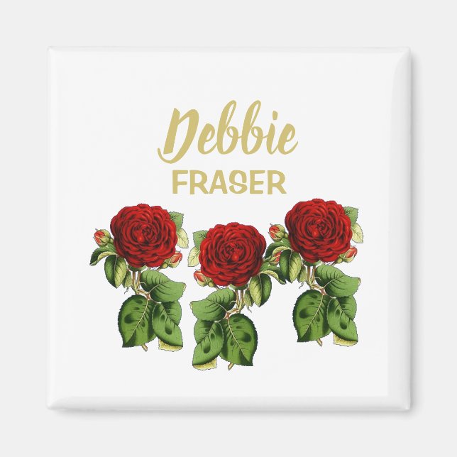 Imán Flor roja y hojas verdes nombre personalizado (Frente)