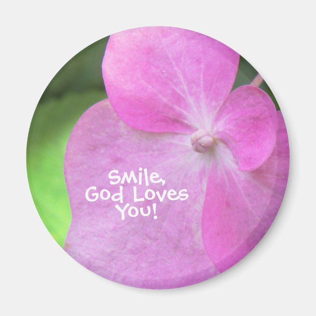 Imán Flor rosa cristiana - Sonríe, Dios te ama (Frente)