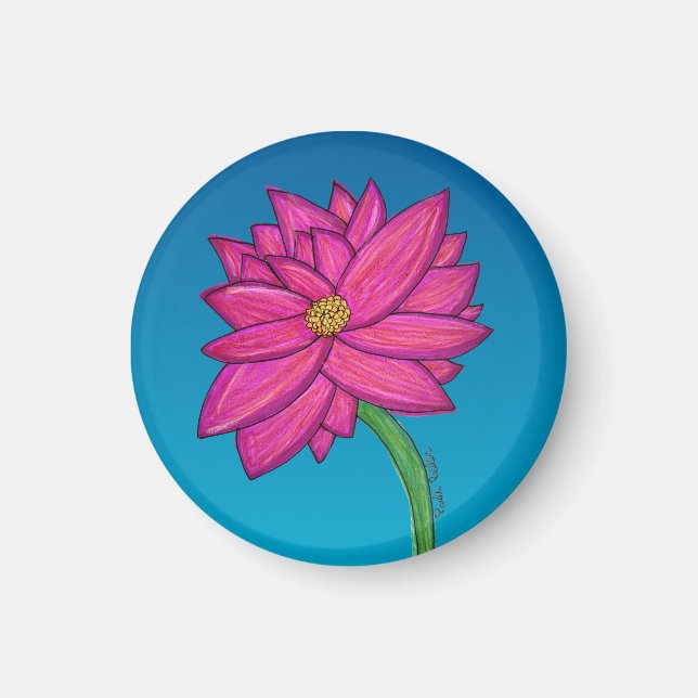 Imán Flor Rosa Fucsia con fondo azul (Frente)