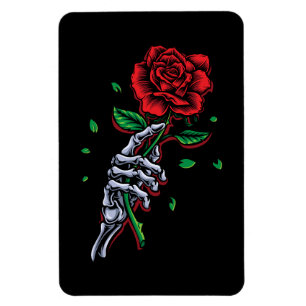 Imán Flor rosa roja de la mano del esqueleto