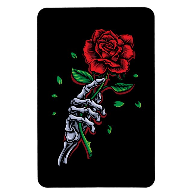 Imán Flor rosa roja de la mano del esqueleto (Vertical)