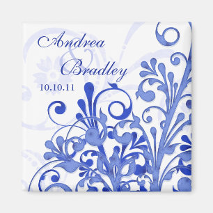 Imán floral abstracto azul y blanco de la boda