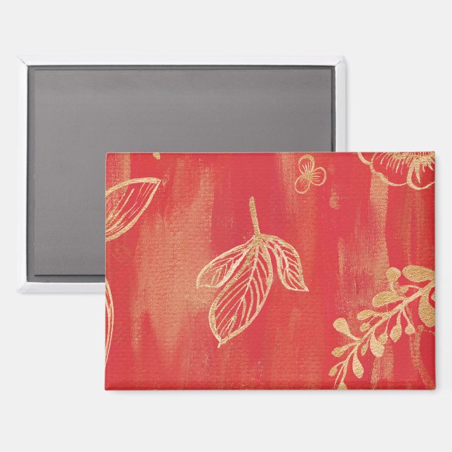 Imán Floral Acuarela Rojo Dorado (Anverso/Reverso)
