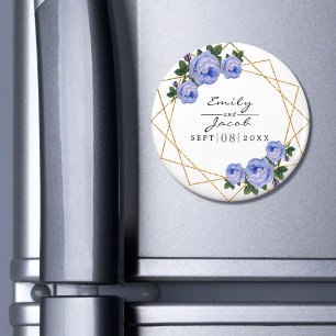 Imán Floral Azul Wed Elegante Purpurina Oro Geométrico