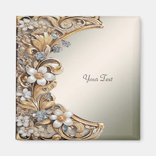 Imán floral blanco dorado decorativo