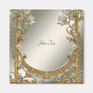 Imán Floral Blanco Ornamentado Dorado