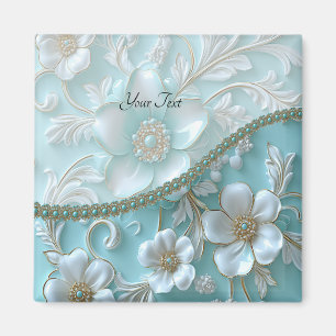 Imán floral blanco teal