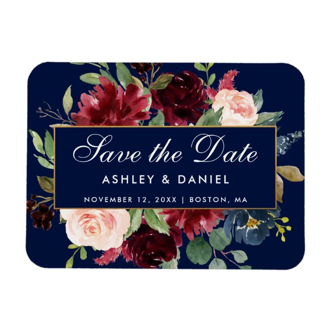 Imán Floral Blue Burgundy Gold Save The Date (Horizontal)