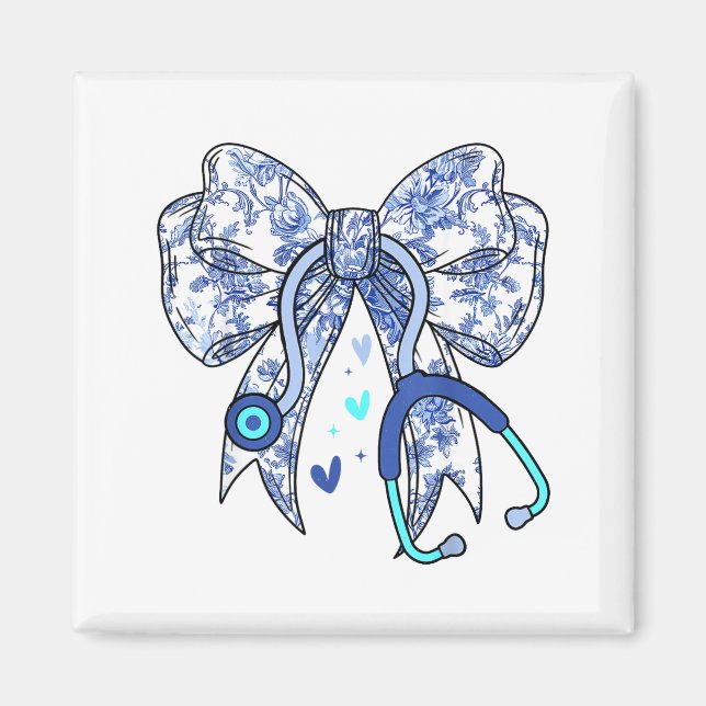 Imán Floral Blue Coquette Bow Nurse Stethoscope Medical (Frente)