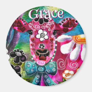 Imán Floral Caprichoso Vaca Rosa Teal Negro Personaliza