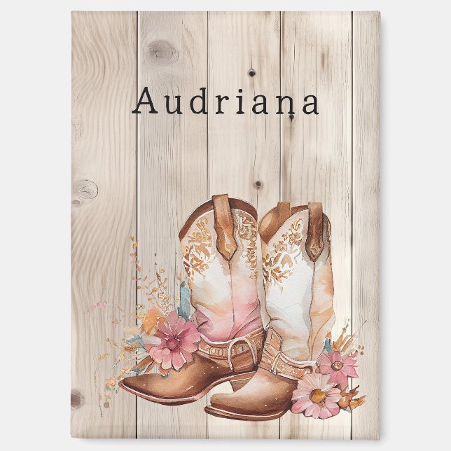 Imán Floral Cowgirl Boots Ivory Faux Wood Personalizado (Anverso)