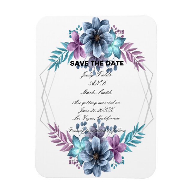 Imán Floral De Acuarela Azul Y Púrpura Ahorra La Fecha (Vertical)