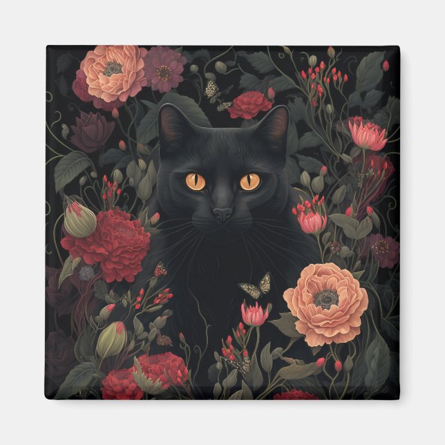 Imán floral de gato negro (Frente)