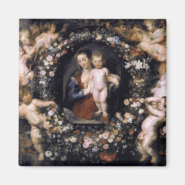Imán Floral de Madonna con hijo por Rubens Magnet (Frente)