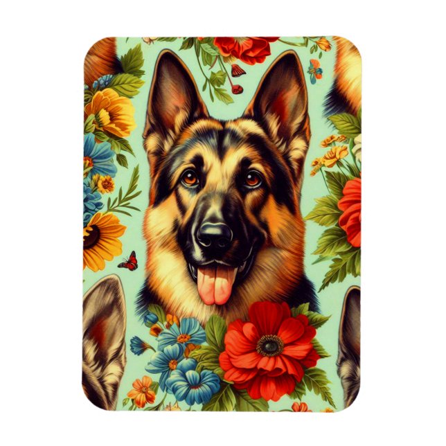 Imán Floral de pastor alemán vintage (Vertical)