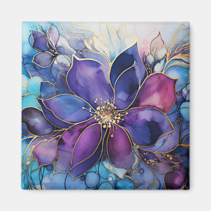 Imán Floral Elegante de Vidrio Pintado Morado y Az