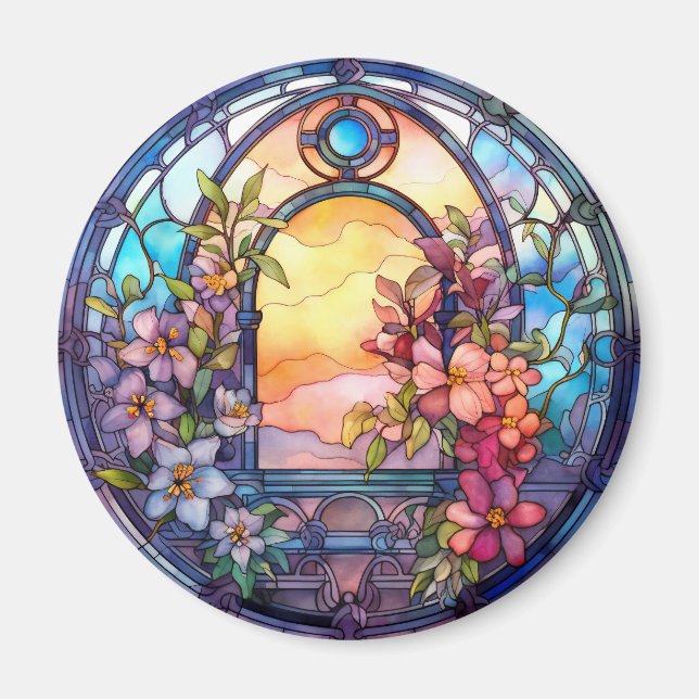 Imán Floral Garland with Sunset Faux Stained-Glass (Frente)