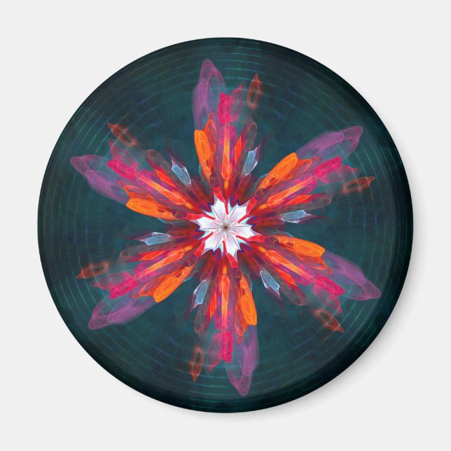 Imán Floral Mandala Flores Naranja Azul Rojo Resumen (Frente)