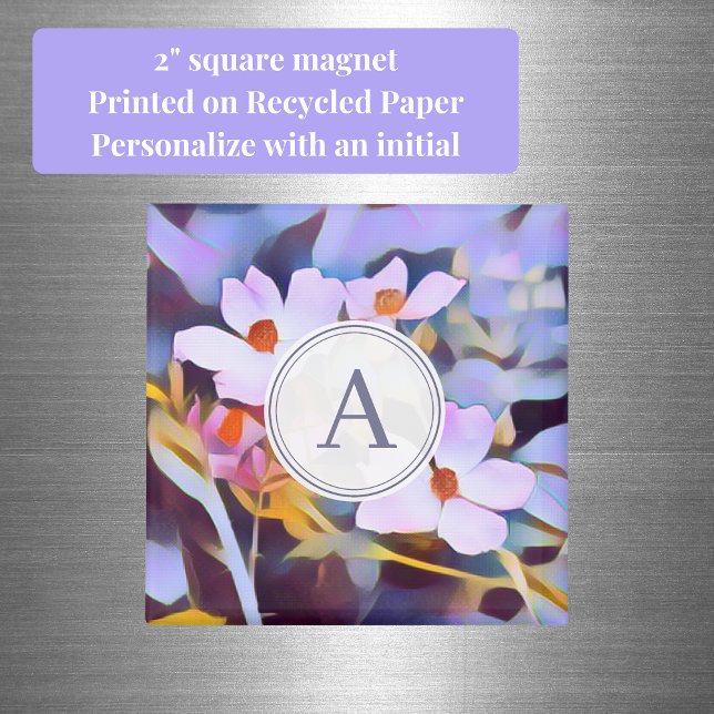 Imán Floral morada y azul con inicial (Purple and blue floral initial square magnet)