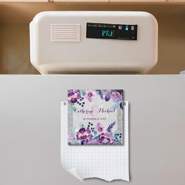 Imán Floral Morado y Brillo Plateado (Front view mauve luxe glam bloom wedding artistic summer pastel purple floral Save the Date Magnet)