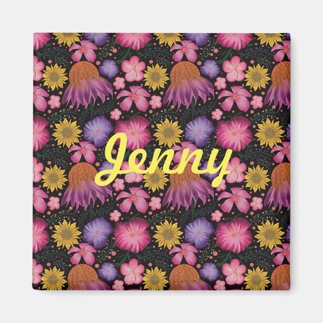 Imán Floral negra de flores silvestres personalizada (Frente)