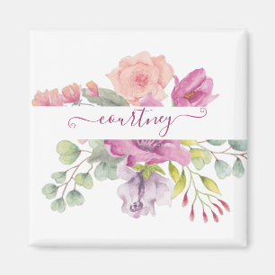 Imán Floral personalizada con acuarela rosa y melocotón