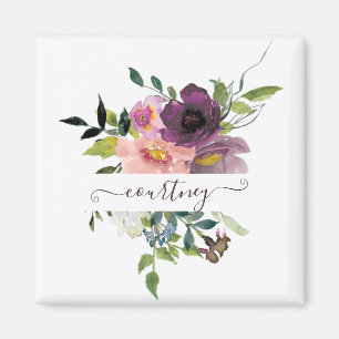 Imán Floral personalizado con acuarela rosa y morado