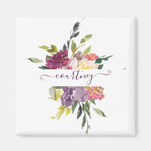 Imán Floral personalizado de acuarela morado y rojo