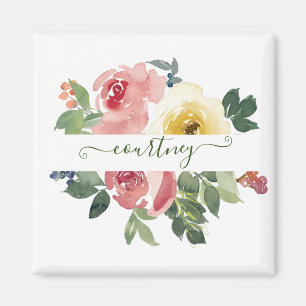 Imán Floral personalizado de acuarela rosa y amarillo