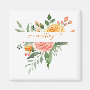Imán Floral personalizado de acuarela rosa y naranja
