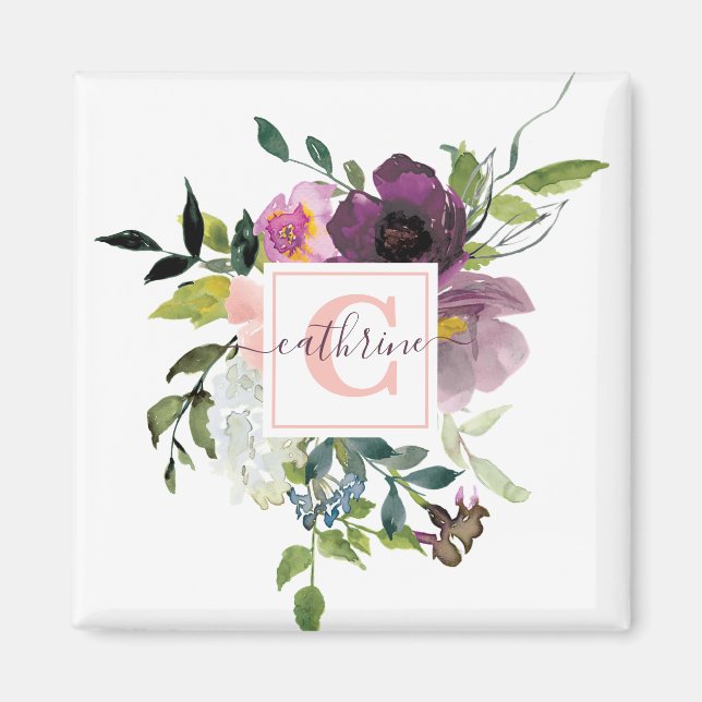 Imán Floral personalizado rosa y púrpura  (Frente)