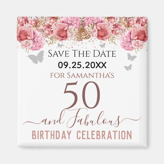 Imán Floral Pink 50 cumpleaños Save the Date Magnet (Frente)