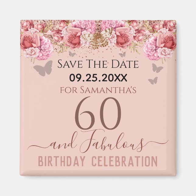 Imán Floral Pink 60 cumpleaños Save the Date Magnet (Frente)