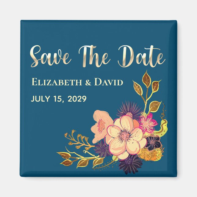 Imán Floral Pink Navy Blue Save The Date Invitación (Frente)