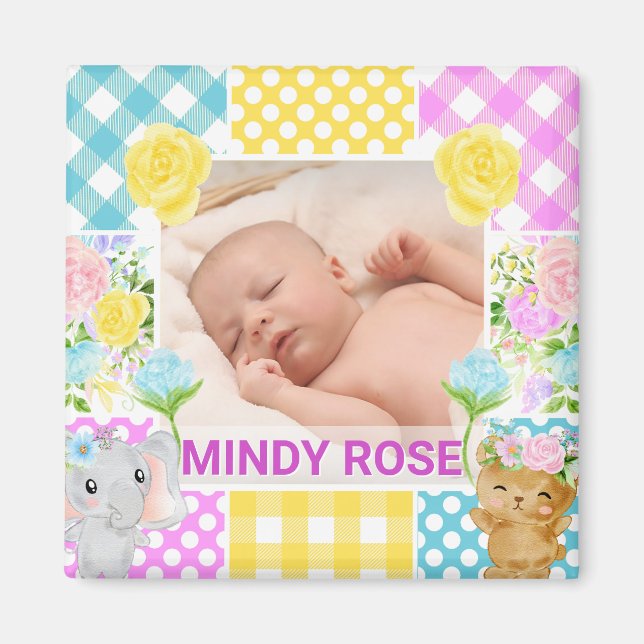 Imán Floral & Plaid Photo Frame Newborn Baby (Frente)