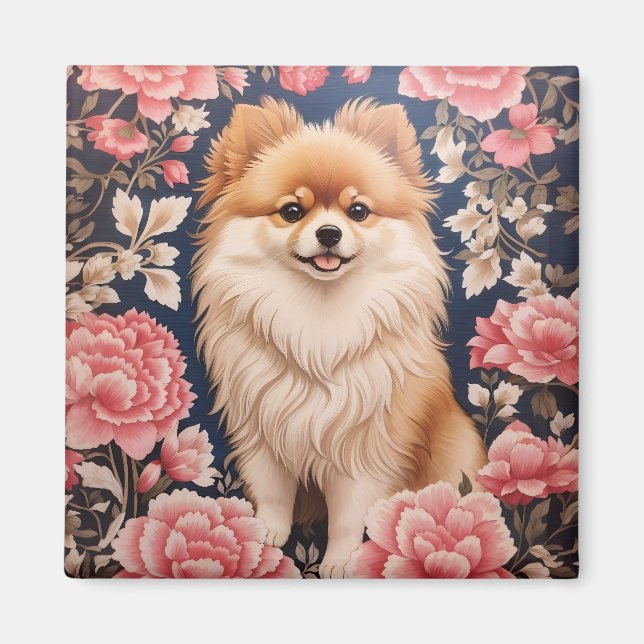 Imán Floral rosa de perro de Pomerania (Frente)