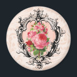 Imán Floral Vintage<br><div class="desc">Borde grabado por orden,  rosas rosadas y fondo de damasco de melocotón pálido.</div>