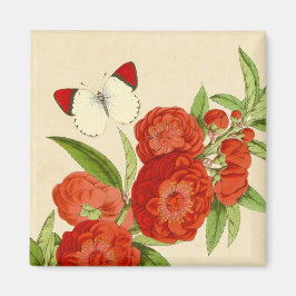 Imán floral vintage con flor roja y mariposa