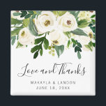 Imán Floral White Roses Greenery Wedding Favor<br><div class="desc">Elegante imán de favores de boda floral con rosas blancas color agua pintadas a mano y vegetación junto con "Amor y Gracias" en un encantador guión escrito a mano y sus nombres y fecha a continuación. Estos imanes florales son perfectos para una boda en el jardín en verano y hacen...</div>