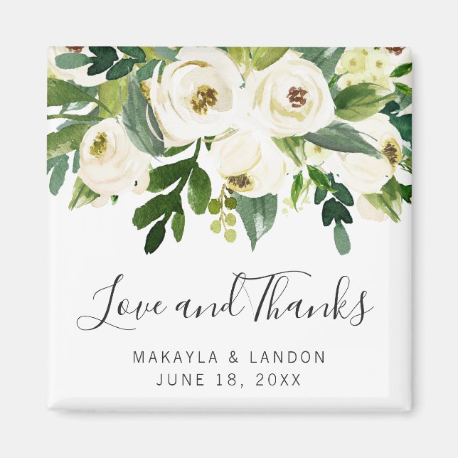 Imán Floral White Roses Greenery Wedding Favor (Frente)