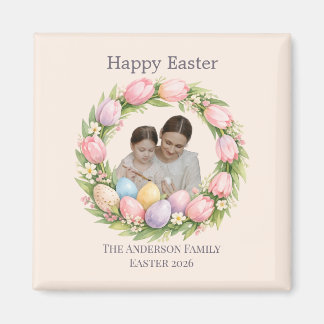 Imán Floral Wreath & Family Photo Personalized Easter