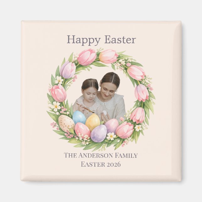 Imán Floral Wreath & Family Photo Personalized Easter  (Frente)