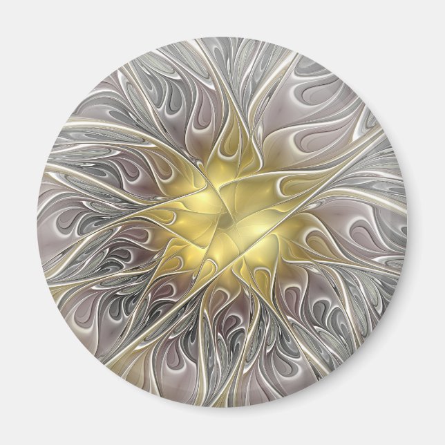 Imán Florecer con flor fractal abstracta moderna de oro (Frente)