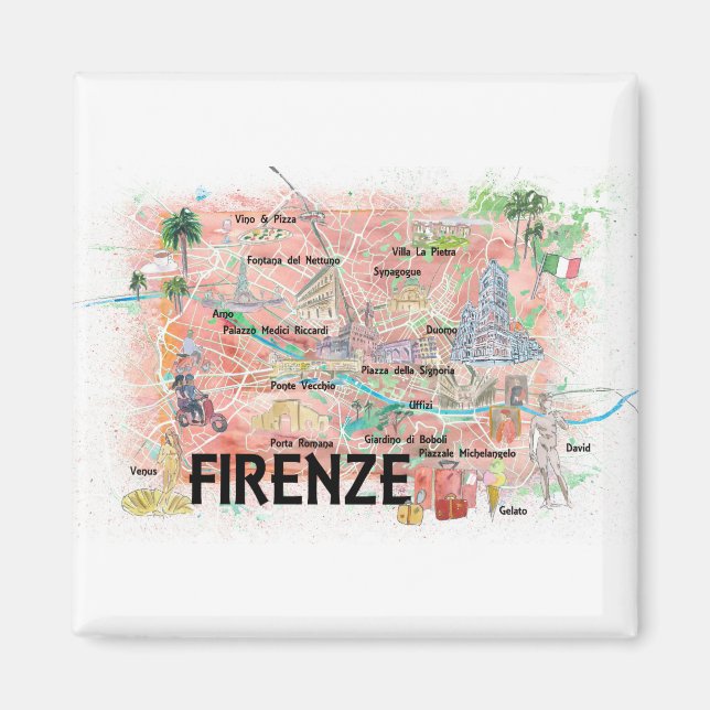 Imán Florencia Italia Mapa ilustrado con monumentos (Frente)